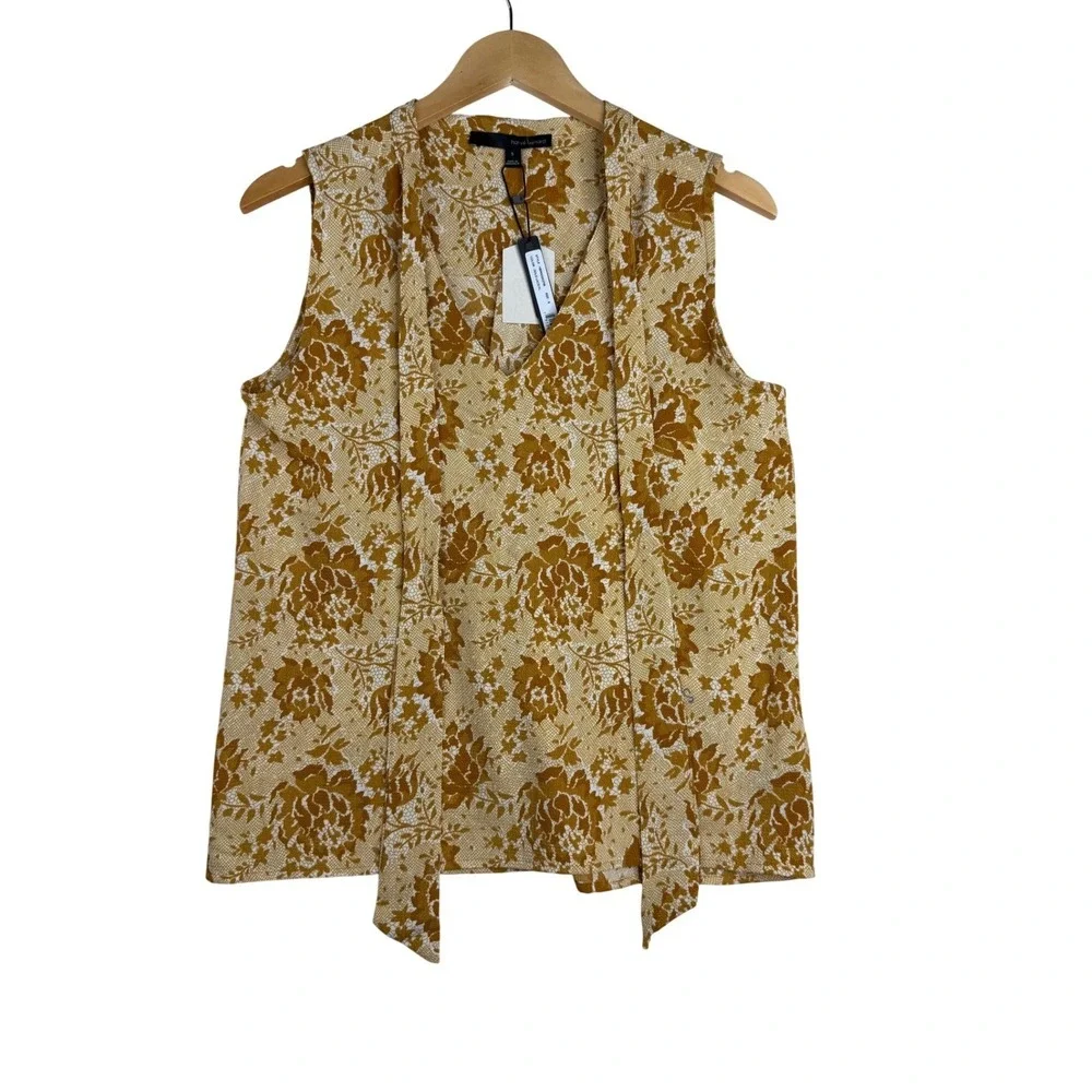 New Harve Bernard Floral Print Tie Neck Sleeveless Blouse‎ size Small Yellow
